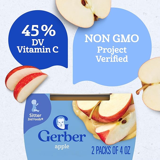 Gerber Stage 2 Baby Food, Apple Puree Tubs, No Artificial Colors or Flavors, Baby Puree, 16-Pack