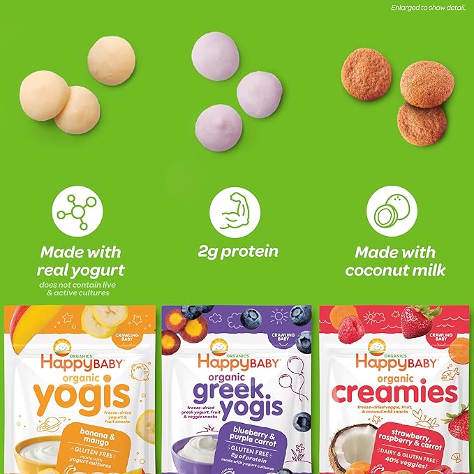 Happy Baby Organic Yogis Freeze-Dried Yogurt & Fruit Snacks, Mixed Berry, 1-Ounce Pouches (Pack of 8)