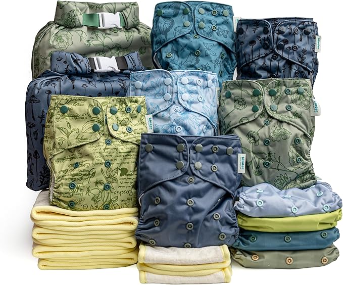 Kinder Cloth Diapers Reusable Baby Diapers Pocket Style Athletic Wicking Jersey, Bamboo Viscose Inserts, Wet Bag, Newborn to Potty Training 7-60lbs, One Size (Tranquil Garden, 10 Pack, with Inserts)