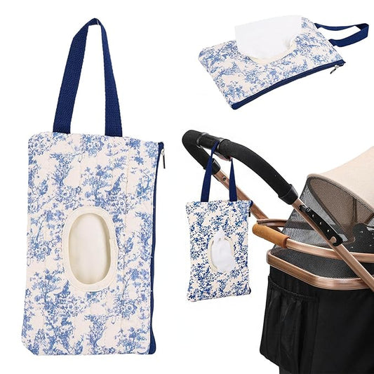 Quilted Baby Wipe Holder, Canvas Floral Quilted Pouch with Hanging Strap, Portable Diaper Wipe Holder for Travel Stroller-Classic Blue