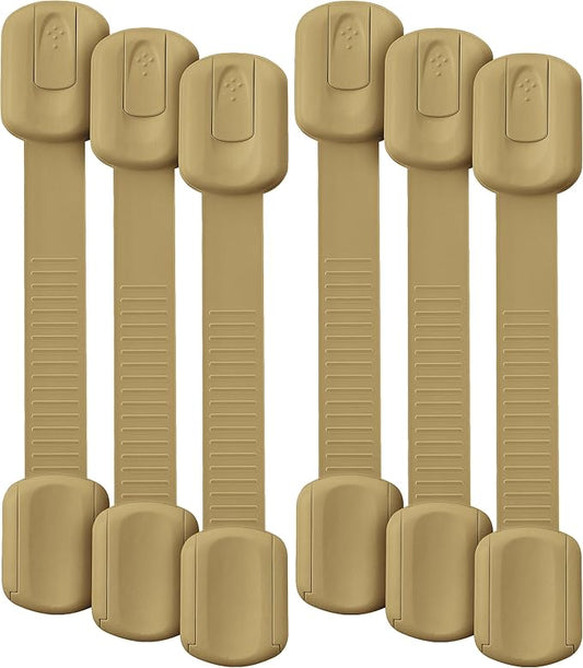 Bate- Child Safety Strap Locks, 6 Pack, Golden Beige, Baby Locks for Cabinets, Drawers, Kitchen, Toilet, Furniture, Fridge, Multi-Purpose, Easy Install with Quick 3M Adhesive for Childproofing