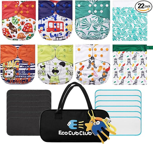 Reusable Washable Cloth Diapers 6pcs for Baby Shower,Leak-Proof Double Gussets Quick-Dry AWJ Lining,12 Soft Fleece Inserts & 2 Wet Bags,Packed in Durable Travel Handbag&Key Chain-B-05-A