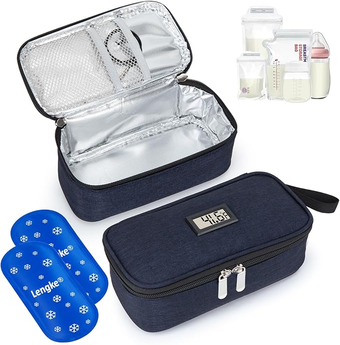 Breast Milk Cooler Travel Bag with Temperature Display, Holds 20oz Breastmilk Storage Bag with 2 Breast Milk Ice Pack, Cooling & Waterproof Portable Cooler for Moms on The Go (Blue)