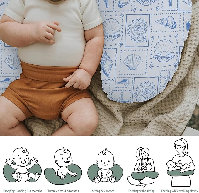 Blue Seashells Baby Nursing Pillow Covers for Boy Girl Boho Beach Conch Nursery Feeding Pillowcase for Breastfeeding Pillows Pastel Summer Coastal Soft Stretchy Removable Cover for Newborn Infant