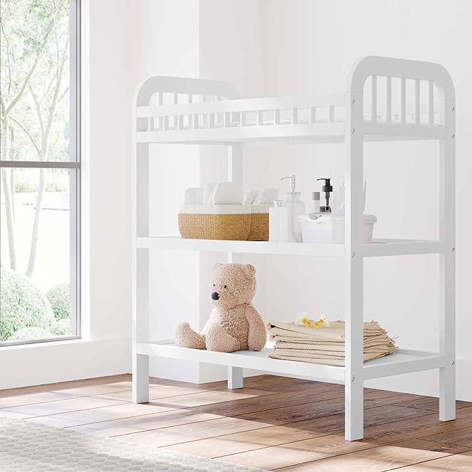 Storkcraft Pasadena Changing Table with Water-Resistant Changing Pad (White) - GREENGUARD Gold Certified, Includes Bonus Water-Resistant Changing Pad with Safety Strap, 2 Open Shelves