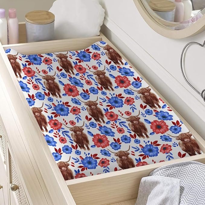 Highland Cows Floral Changing Pad Covers Highland Yak Flowers Leaves Diaper Change Table Pad Covers for Baby Girls and Boys Soft Breathable Stretch Changing Table Cover 32''x16'' Blue Red Flowers