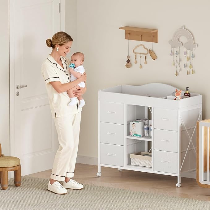 Yetom Changing Table, 6-Drawer Baby Dresser with Changing Table top, Waterproof Diaper Changing Station & Pad, 2 Height-Adjustable Open Storage Shelves, Mobile Nursery Organizer, White