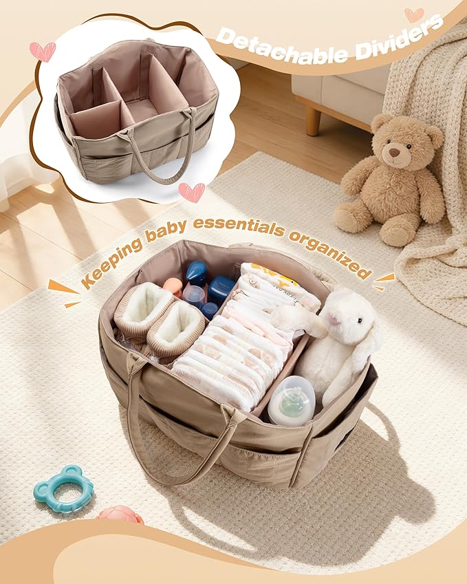 Marscamd Quilted Baby Diaper Caddy with Detachable Dividers and Wipes Pocket, Lightweight Baby Caddy Organizer with Handles and 8 Pockets for Baby Stuff, Camel