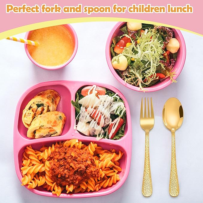 E-far Toddler Forks and Spoons Set, 10-Piece Stainless Steel Toddler Utensils Kids Safe Silverware for Self Feeding, Healthy & Non-Toxic, Gold