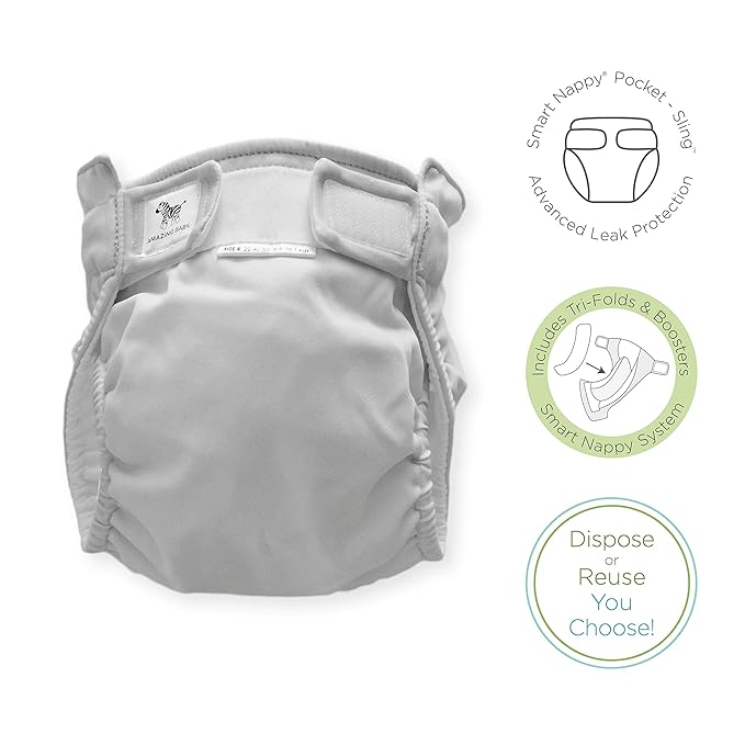 SmartNappy by Amazing Baby, NextGen Hybrid Cloth Diaper Cover + 1 Tri-fold Reusable Insert + 1 Reusable Booster, Gray, Solid, Size 4, 22-40 lbs (Pack of 2)