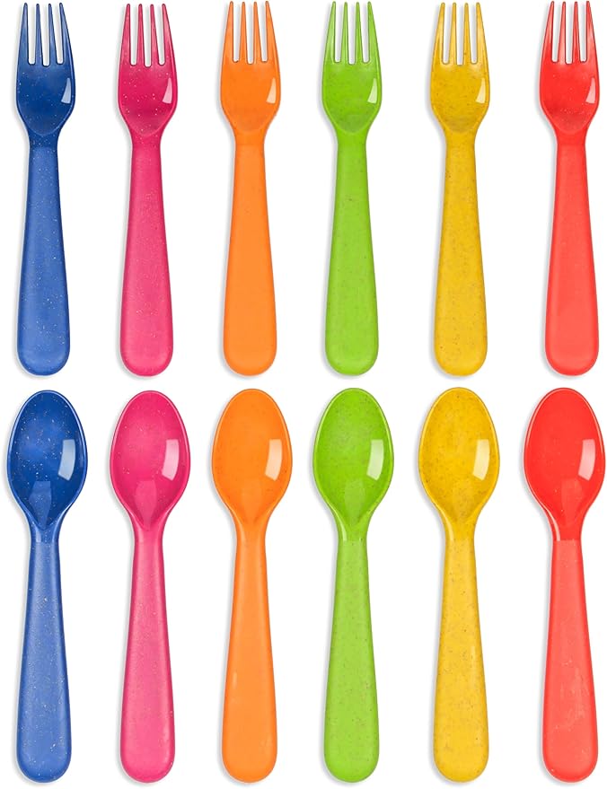 PLASKIDY Wheat Straw Toddler Utensils Set of 12 - Kids Forks and Kids Spoons BPA Free/Dishwasher Safe Kids Utensils Cutlery Set Brightly Colored Toddlers Silverware Set