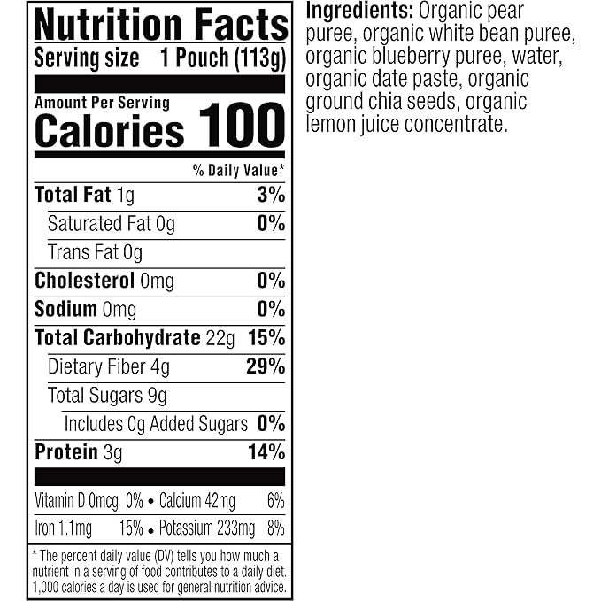 Plum Organics - +12 Months Organic Baby Food - Pear, White Bean, Blueberry, Date & Chia - Non-GMO - On-The-Go Pouches for Baby & Toddler Meals - Quality Tested Ingredients - 4 oz (Pack Of 12)