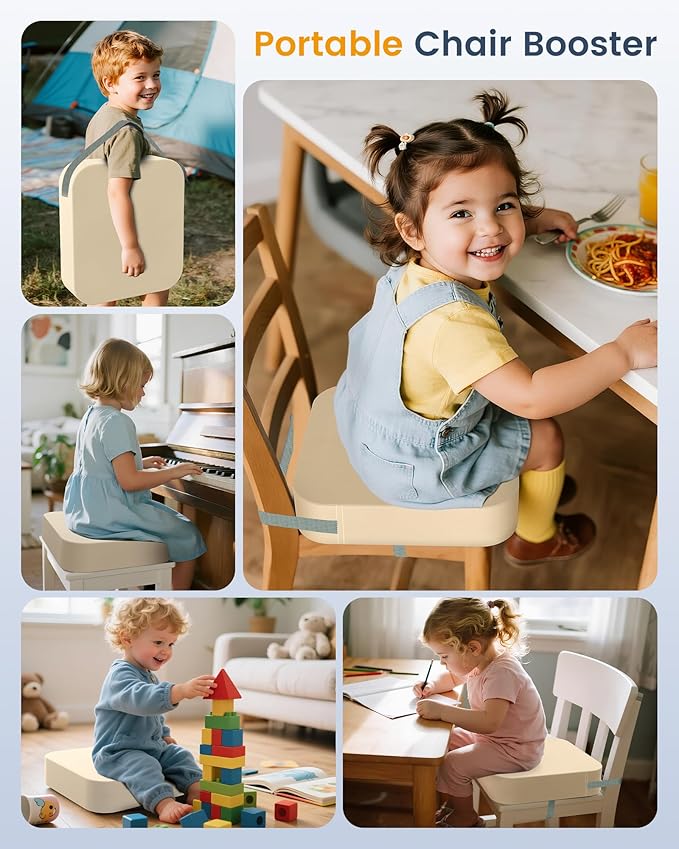 Toddler Booster Seat for Dining Table and Kitchen Chair – Adjustable Safety Straps, PU Leather, Non-Slip, Easy to Clean, Portable Travel Foam Booster Cushion for Kids & Toddlers (Light Yellow)