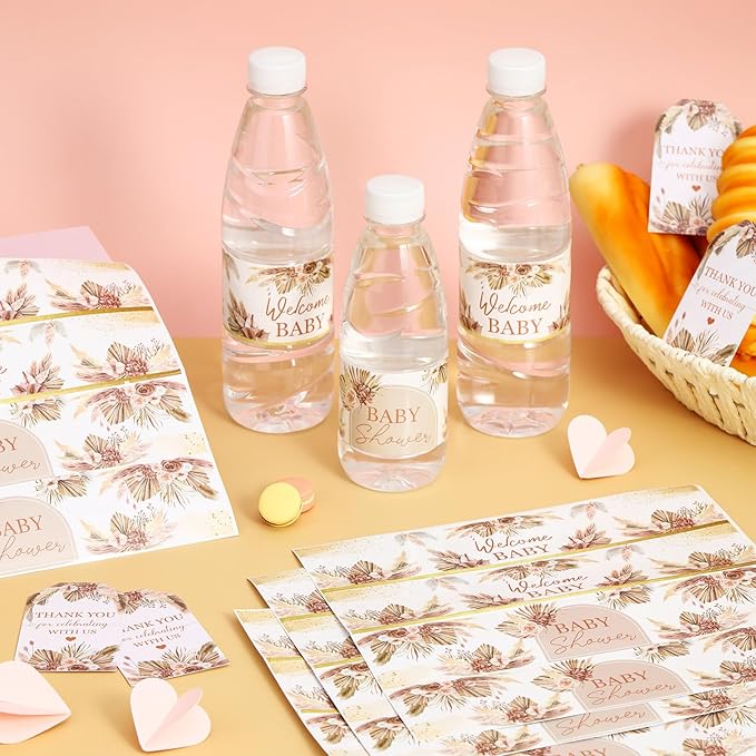 24PCS Pampas Grass Baby Shower Water Bottle Labels, Boho Baby Shower Waterproof Self Adhesive Water Bottle Labels for Boho Pampas Decorations