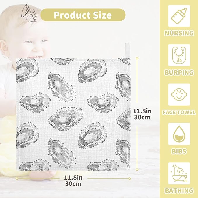 vvfelixl Hand-Drawn Pearl Oyster Baby Burp Cloths Baby Muslin Washcloths for Boys Girls Cotton Babys Face Towel for Newborn Soft 11.8 X 11.8 in, 5 Pack