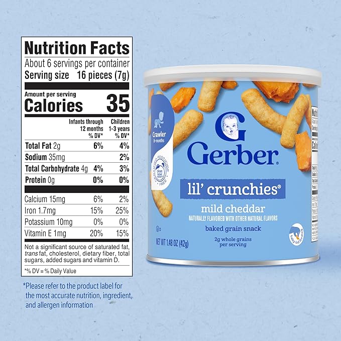 Gerber Stage 3 Baby Food Snacks, Mild Cheddar Lil' Crunchies, Snacks for Babies, Baby Led Feeding, 6-Pack