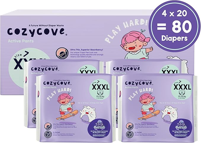 Cozycove Size 7 XXXL (33-44 lbs) Pull Up Training Pants | Totally Chlorine Free, Fragrance Free, Wetness Indicator | Play Hard Slim Active Pants | 80 Count (4 Bags of 20)