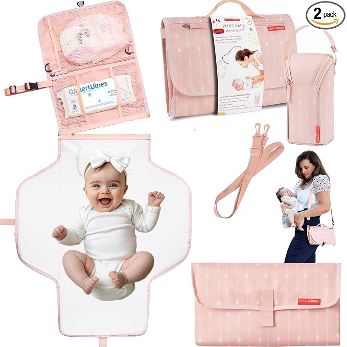 Premium Portable Diaper Changing Pad – CPC Certified Waterproof 2-in-1 Diaper Clutch & Changing Mat with Head Cushion – Bonus Insulated Bottle Bag – Travel Kit Gift for Baby Girls & Boys (Peach)