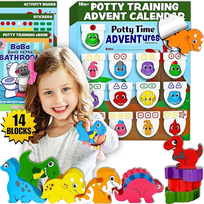 LIL ADVENTS Potty Training Reward System - 14PC Wooden Stacking Blocks with Dinosaur Themed, Montessori Behavior System Advent Calendar for Toddlers 18M+ Boys Girls