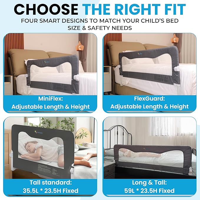 TotCraft MiniFlex Adjustable Length & Height Bed Rail for Toddlers – 35.5″ or 47″ Two Fixed Lengths,Fits Twin, Full & Queen Beds – 14 Height Levels – ASTM Certified Baby Bed Rail Guard (White)