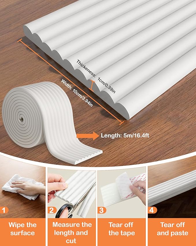 Corner Protector Baby, 16.5FT 0.4''Th W-Shape Edge Protector for Baby Proofing 4'' Wide Foam Fireplace Cushion Pre-Taped Safety Guard Bumper Pad for Furniture Wall Stair Door (White)