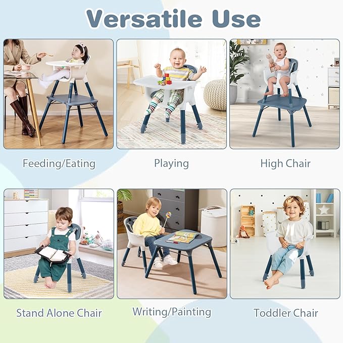 HONEY JOY 5-in-1 High Chair, Convertible Highchair for Babies and Toddlers/Kids Chair Table Set/Infant Feeding Chair w/Safety Harness, PU Leather Cushion & Removable Food Tray (Blue)