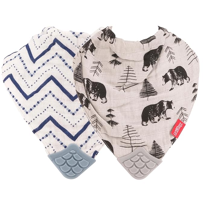 Nuby 2Piece Muslin Bandana Bib with Teether, Colors May Vary, 2 Count (Pack of 1)