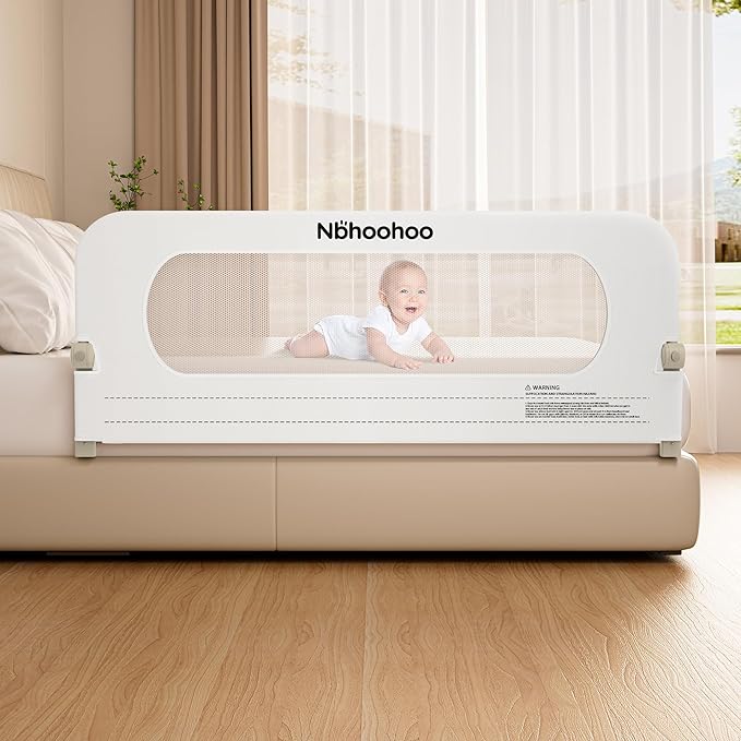 Bed Rail for Toddlers – Foldable Baby Bed Rail, Swing Down Bed Rail Guard with Double Crossbar, Gap-Free Anti-Pinch Design for Queen & King Size Beds, Quick No-Tool Install (Pure White, 59 inch)