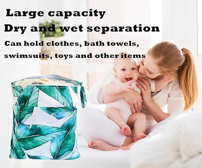 Wet Dry Bag for Cloth Diapers, 2PCS Waterproof Reusable Wet Bag with Zippered Pockets, Washable, Reusable for Travel, Beach, Pool, Stroller, Diapers, Dirty Gym Clothes, Swimsuits, 14x12In & 12x11In