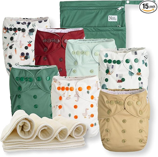 Nora's Nursery Cloth Diapers 7 Pack with 7 Inserts & 1 Wet Bag - Waterproof Cover, Washable, Reusable & One Size Adjustable Pocket Diapers for Newborns and Toddlers - On the Farm