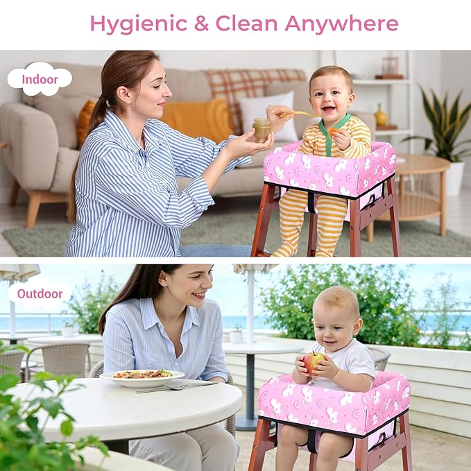 COOLBEBE Baby High Chair Cover with 3-Point Harness, Waterproof & Machine Washable Portable Seat Cover, Fits Wooden Chairs for Restaurant, Travel, Home & Dining Out, Pink Unicorn