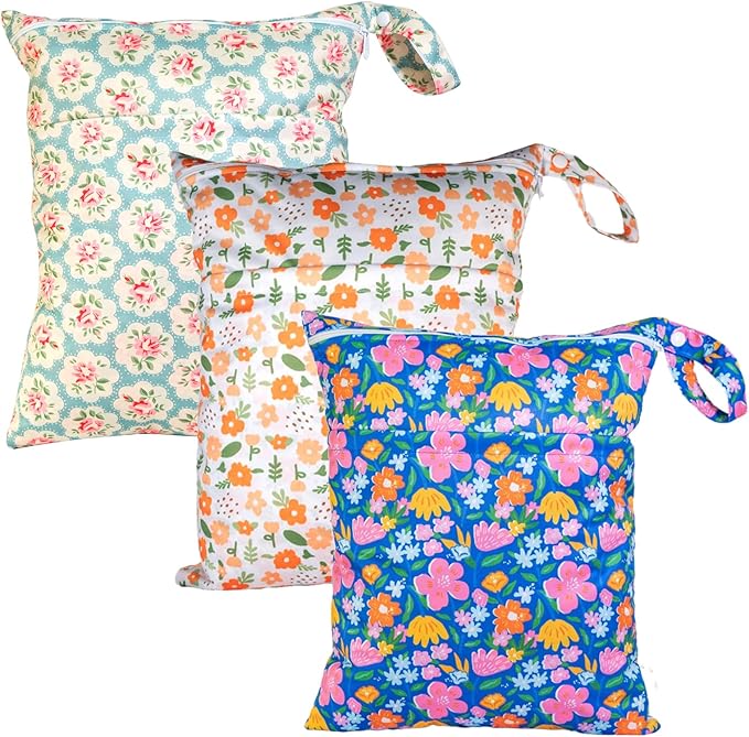 Wet Dry Bag Reusable Waterproof Swimming Bag Travel Beach Pool Yoga Gym Bag for Baby Cloth Diaper Swimsuits Wet Clothes Two Zipper Pockets 3 Pack Floral 3L09