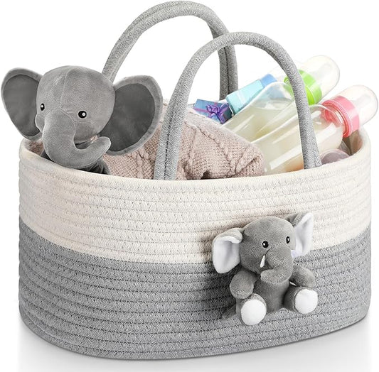 FoldTier Elephant Diaper Caddy Organizer Elephant Cart Storage for Nursery with Handle Baby Shower Basket Gift Baby Bath Caddy for Diapers Wipes Basket for Nursery(X-Large)