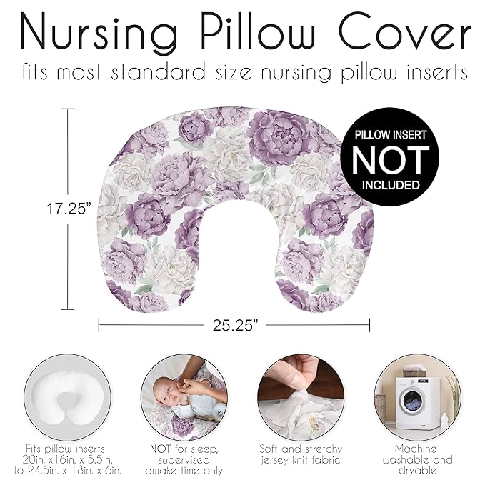 Sweet Jojo Designs Lavender Purple Boho Shabby Chic Floral Girl Nursing Pillow Cover Baby Breastfeeding Slipcover Infant Newborn Nursery Bottle Breast Feeding Pillowcase (Pillow NOT Included) Bohemian