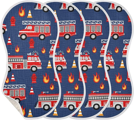 Fire Trucks Red Cars Burp Cloths Baby Boys Girls Absorbent Soft Cotton Burping Cloths Rags 4 Pack