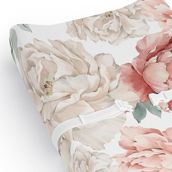 Sweet Jojo Designs Baby Changing Pad Cover Sheet (Boho Shabby Chic Floral) for Girls, Infant/Newborn Diaper Change Table Mat Covers (Blush Pink & Ivory, Bohemian, Vintage, Garden, Watercolor, Elegant)
