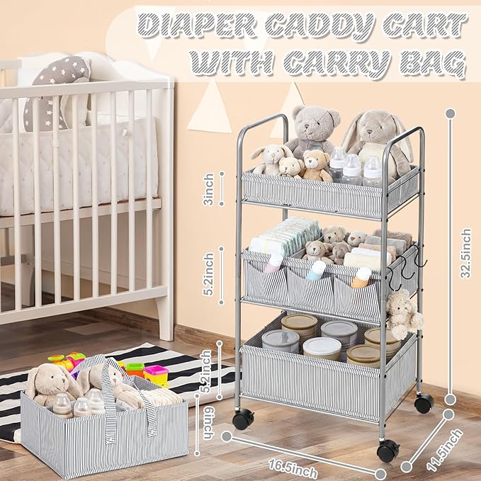 WILLBOND 2 in 1 Baby Diaper Caddy Organizer Cart, 3 Tier Large Stripe Bedside Rolling Cart Metal for Baby Essential with Divider for Newborn Registry Must Have Nursery Bedroom Mother Gift(Gray)