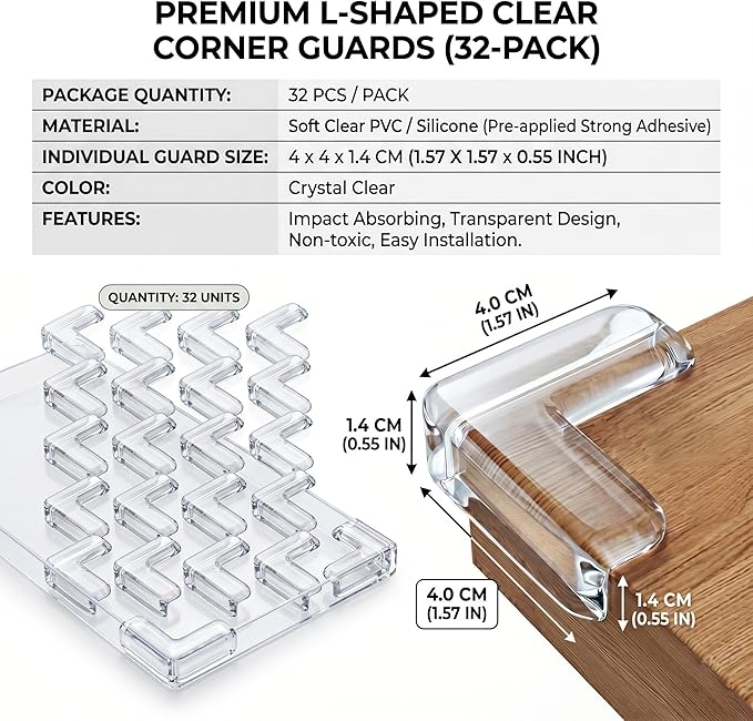 Extra Large & Ultra-Safe Baby Corner Protector Guards - 32-Piece Transparent Table Corner Protectors for Furniture, Super Strong Adhesive, Easy to Install Child Safety Set