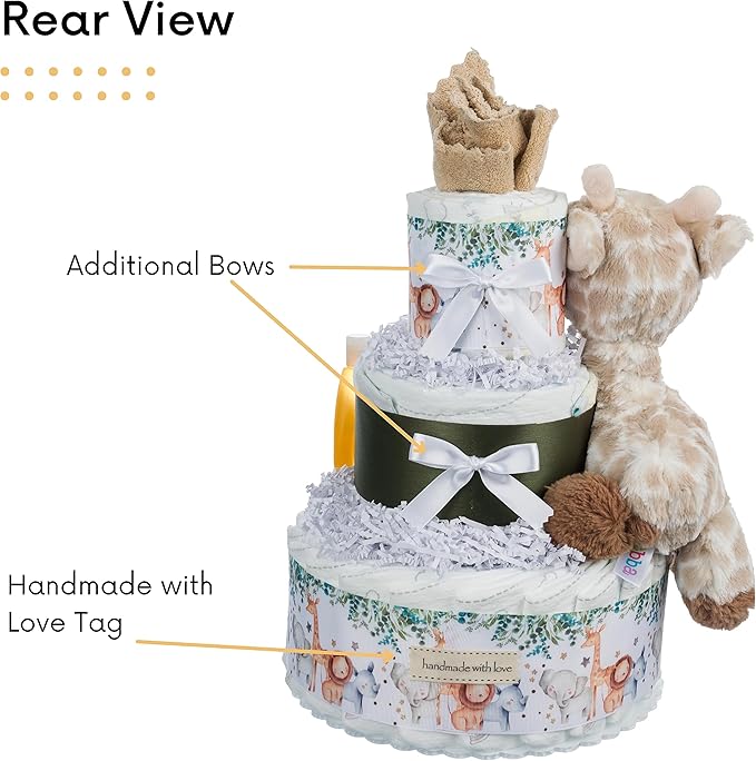 Lil' Baby Cakes Safari Diaper Cake - Beautiful Safari-Themed Baby Gift Using Size 1 Swaddler Diapers - Perfect for Baby Showers with Safari Animal Decorations, Giraffe Diaper Cake - 10 in x 12 in