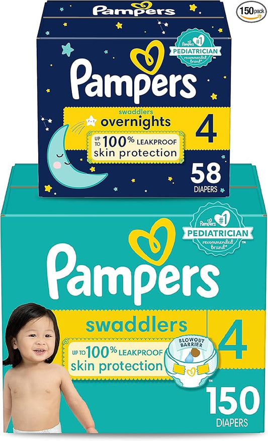 Pampers Disposable Diapers Size 4, Swaddlers 150 Count + Overnight (58 Count)