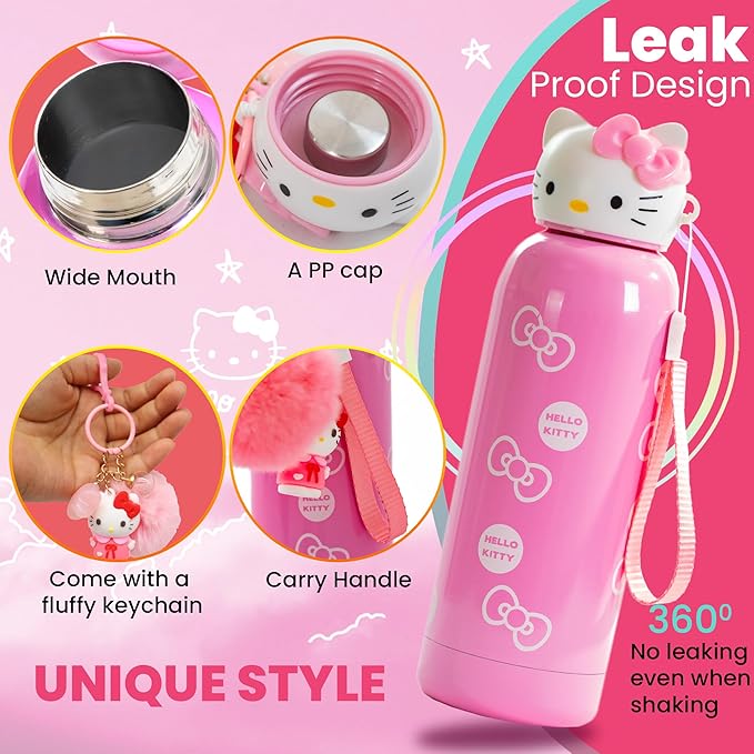 Hello Kitty 400 ml Insulated Water Bottle for Kids – Stainless Steel with 6-12h Heat Preservation with Sanrio Keychain (Pink)