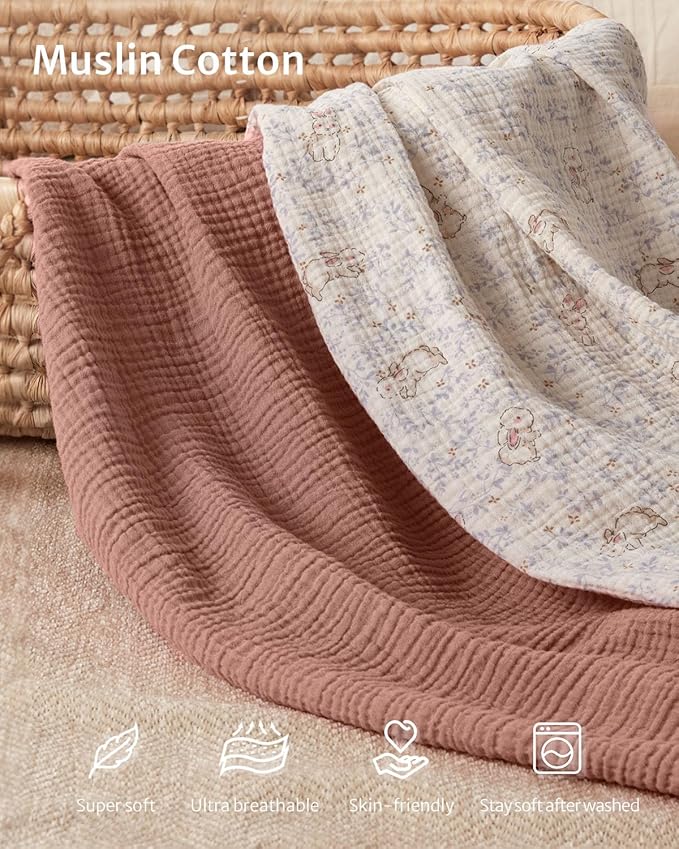 Blissful Diary Muslin Changing Pad Cover for Baby Girls, Ultra Soft Breathable Cotton, Baby Diaper Change Table Pad Covers, 2Pack (Blush Bunny & Dusty Pink)