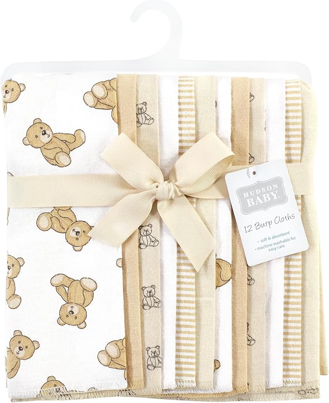 Hudson Baby Unisex Baby Cotton Flannel Burp Cloths Bundle, Teddy Bears, One Size