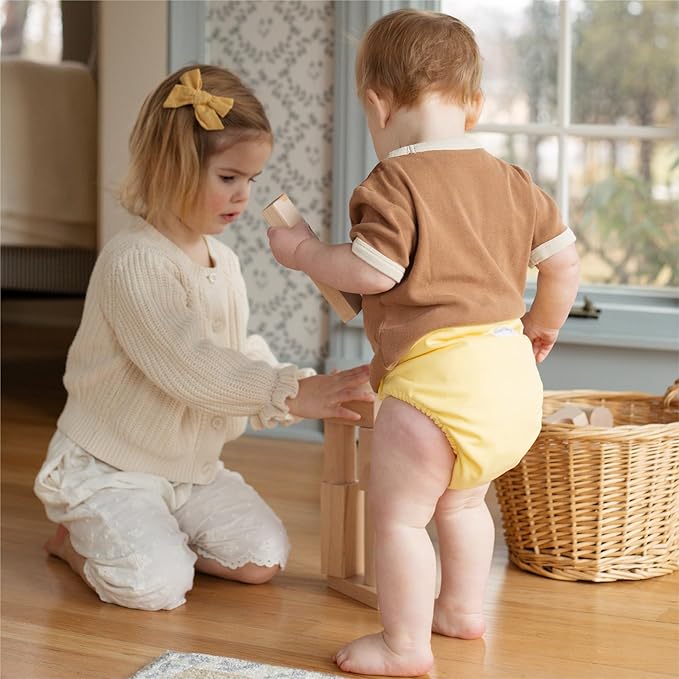Esembly Cloth Diaper Cover - Reusable Swim Diaper, Waterproof, Breathable - Adjustable Outer Layer Over Absorbent Inner for Blowout Protection - Buttercup, Size 1 (7-17 lbs)