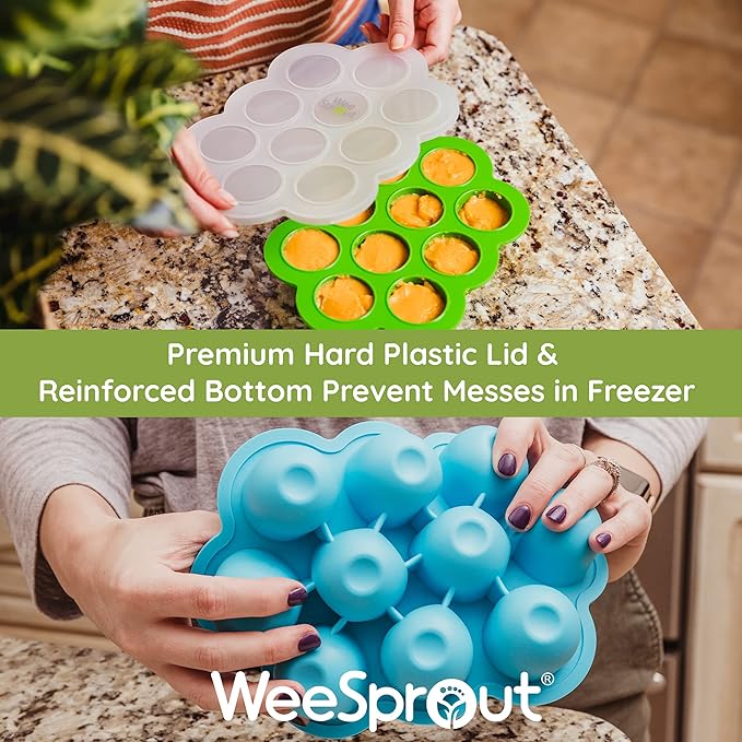 WeeSprout Silicone Baby Food Freezer Trays 3-Pack Bundle - 2 Ten 1.5oz & 1 Six 3oz Portions - Clip-on Lids - Homemade Purée & Breast Milk Storage