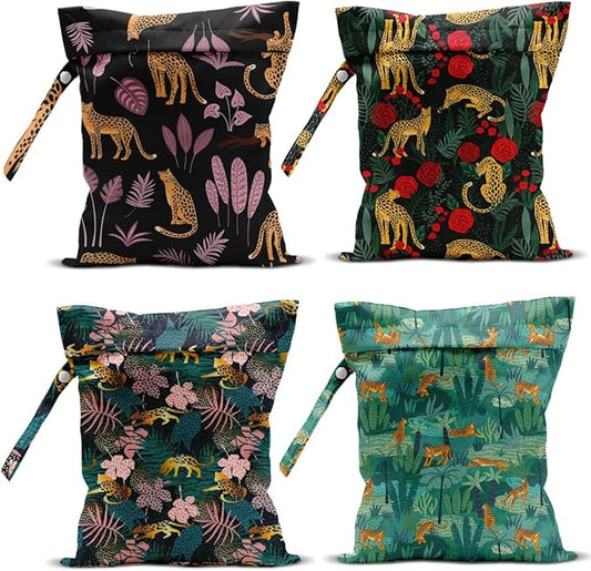 4 Pack Wet Bag for Swimsuit, Beach Travel Essentials Wet Dry Bag, for Sunscreen Toiletry Dirty Clothes Yoga Gym Diaper, Friend Summer Beach Vacation Gifts. Leopard Series
