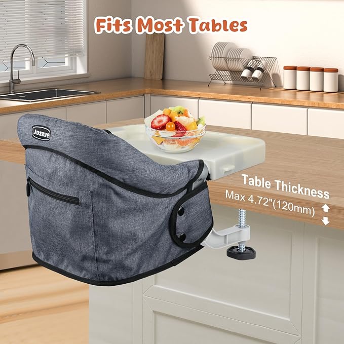 Hook On High Chair with Detachable Tray, Portable Foldable Clip On Baby Travel High Chair, Lightweight Feeding Seat with Storage Bag, BPA-Free Safety Harness for Home Restaurant (Grey)