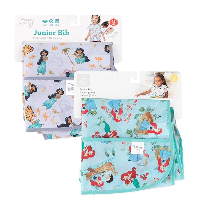 Bumkins Disney Short Sleeve Bib for Girl or Boy, Toddler and Kids for 1-3 Years, Large Size, Essential Must Have for Junior Children, Eating, Mess Saving Soft Fabric Apron, Ariel and Jasmine 2-pack
