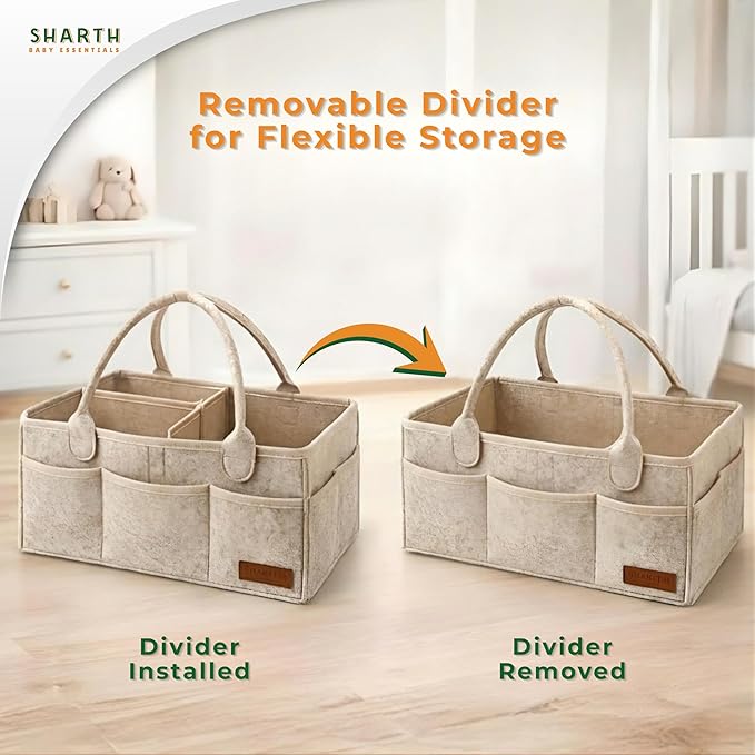 Sharth Baby Diaper Caddy Organizer with Handle, Baby Shower Gifts Basket Bag, Registry Search Must Haves Items, Nursery Storage Organizer for Newborn Girl Boy, Car Diaper Caddy (Beige)