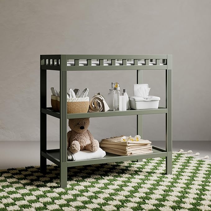 Storkcraft Morningside Changing Table (Olive) – GREENGUARD Gold Certified Baby Changing Table, Includes Waterproof Diaper Changing Pad, Easy 30-Minute Assembly, 2 Open Shelves for Storage